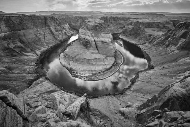 High dynamic range black and white image of Horseshoe Bend, Colorado River, Arizona